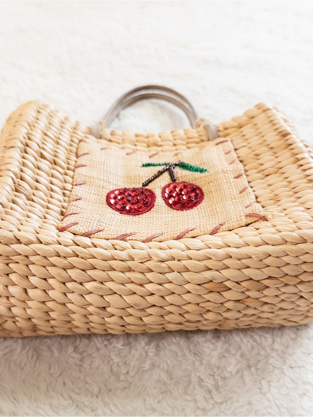 Vintage Y2K Xhilaration Cherry Straw Tote Bag Sequin Purse - Picture 6 of 7